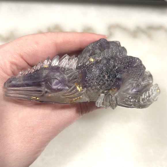 Amethyst Gemstone and Gold Flake Dragon Resin Figurine - Picture 3 of 7